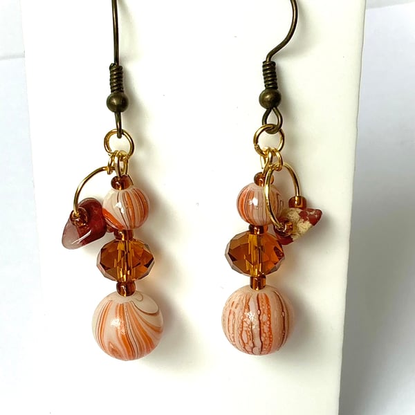 Orange Stripe and Amber Beaded Drop Earrings