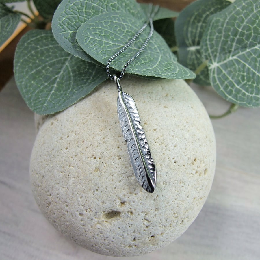 Feather Necklace. Recycled Sterling Silver Keepsake Pendant Antiqued Finish