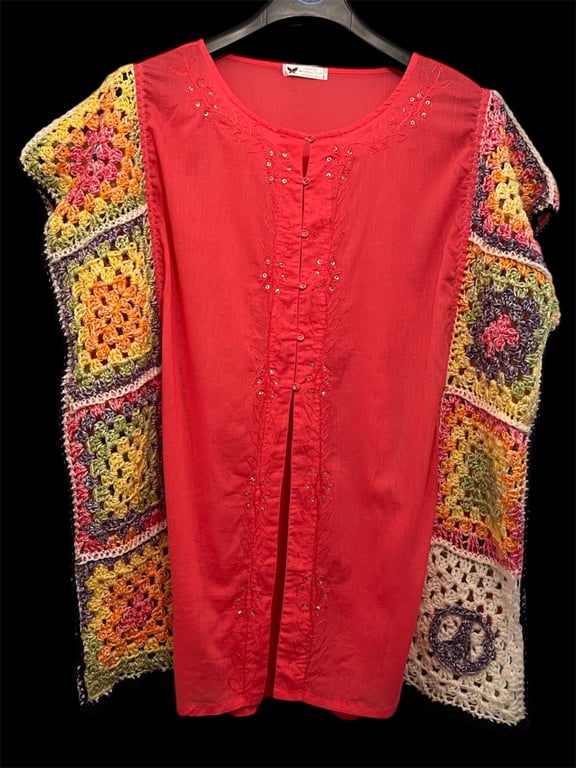     One of a Kind Upcycled Boho Tunic with Rainbow Granny Square Sleeves