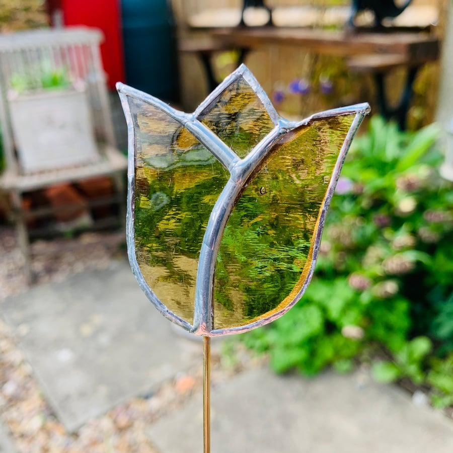 Stained  Glass Tulip Stake Small - Handmade Plant Pot Dec - Amber