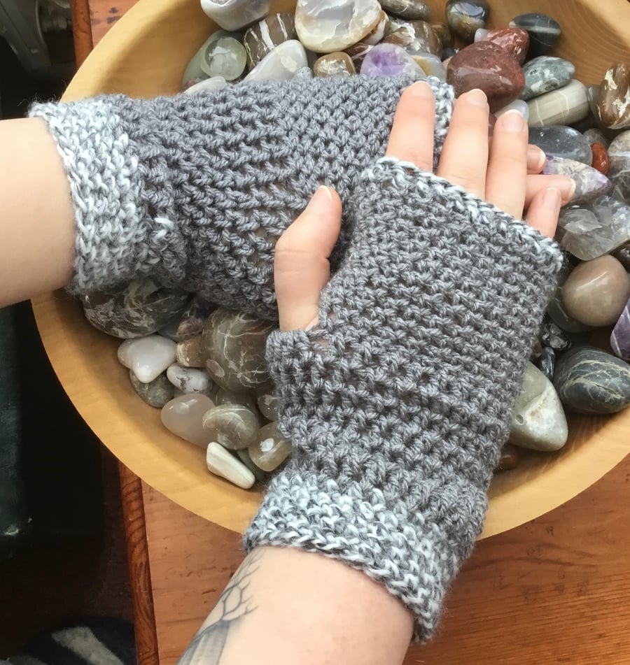 Steel! Crocheted Fingerless Mittens, with Complimentary Lighter Grey Trim.
