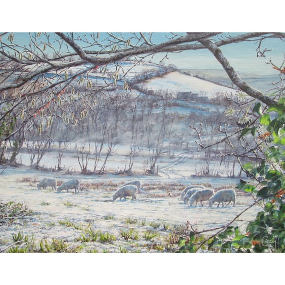 Snowy Sheep Christmas and Seasonal Card- Rural Wales Snow Landscape- 7x5 Card