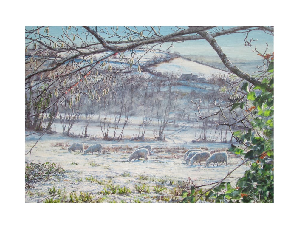 Snowy Sheep Christmas and Seasonal Card- Rural Wales Snow Landscape- 7x5 Card
