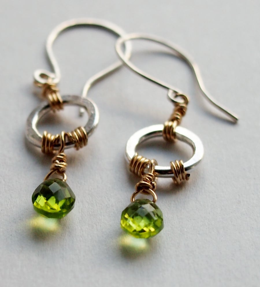 Peridot, Silver and Gold Twist Earrings