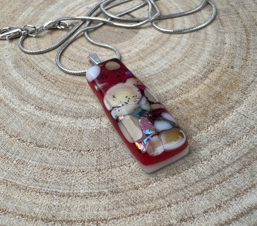 A Beautiful Handmade Red and Bronze Fused Glass Pendant 