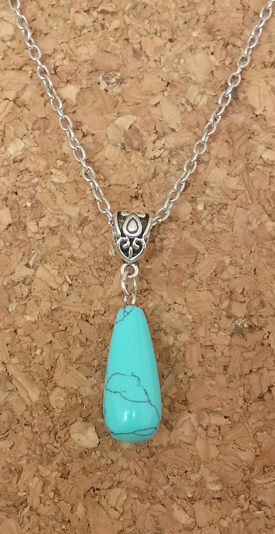Beautiful Sterling Silver Necklace with Howlite Teardrop Stone Pendant