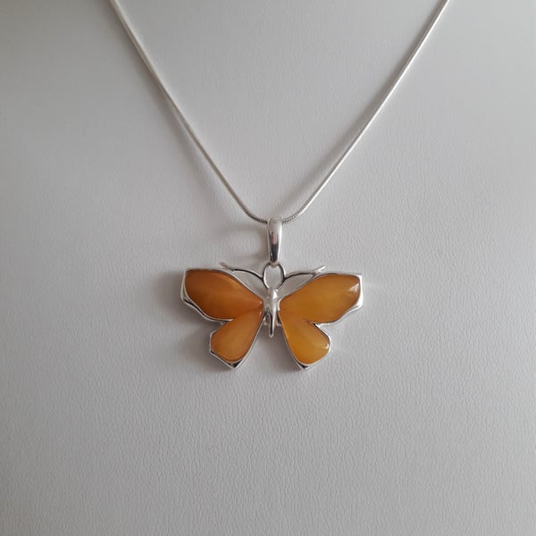 Amber Butterscotch Butterfly Necklace. Rare Amber, Sterling Silver, Gift