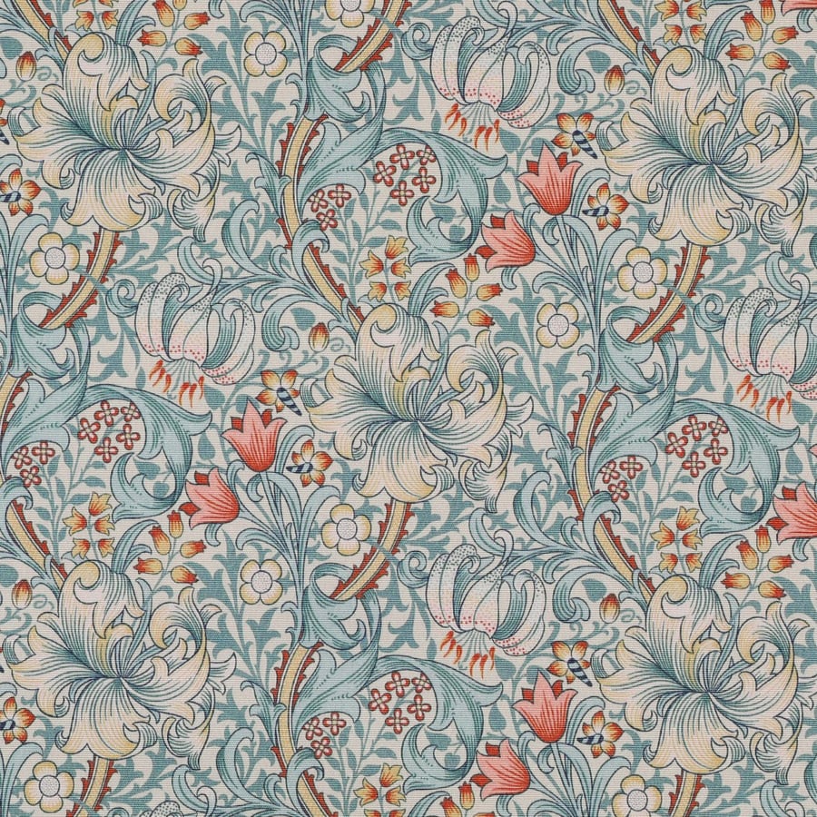 William Morris Water Resistant Tablecloth  Pale Blue . Golden Lily