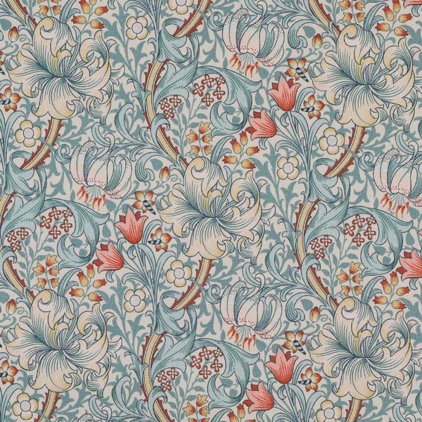 William Morris Water Resistant Tablecloth  Pale Blue . Golden Lily