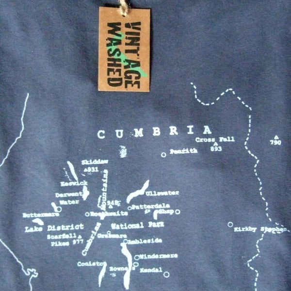  Lake District Map Mens Printed T Shirt Denim Blue Organic Cotton