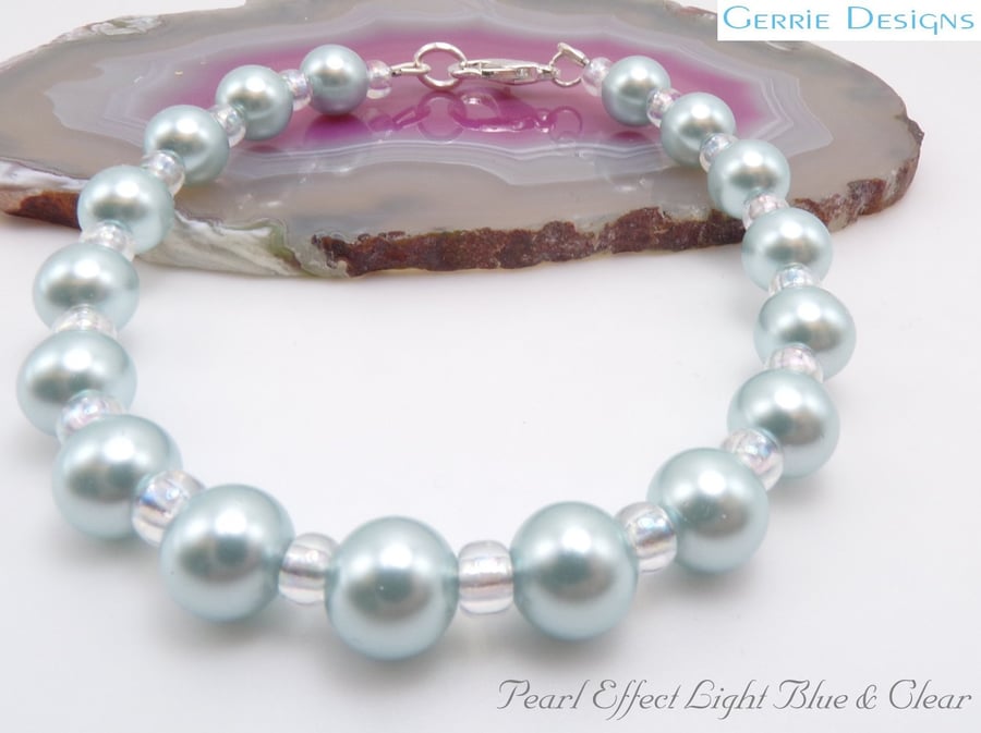 Light Blue & Clear Bead Round Pearl beaded Silver Bracelet.