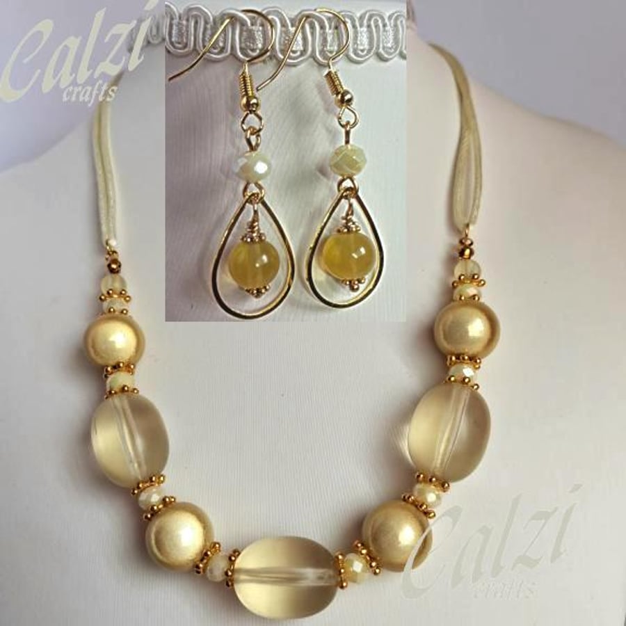 Lemon Glass And Crystal necklace And Earrings