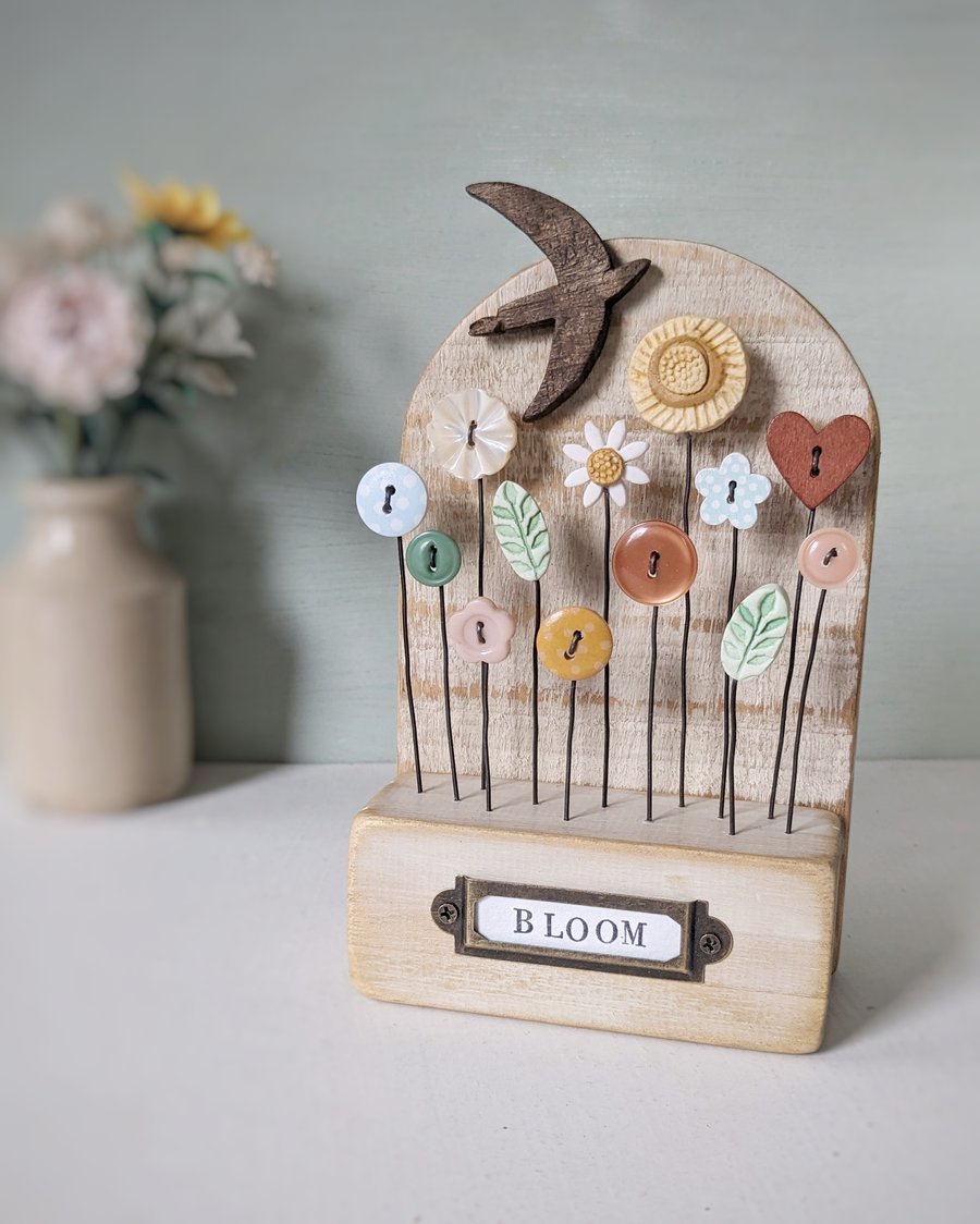 Wild Flower Garden with Bird in Wood and Clay