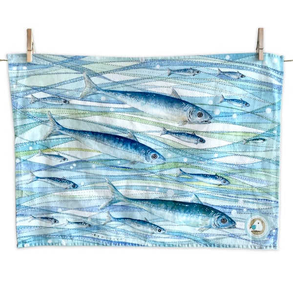 Fish Tea Towel - Coastal Kitchen Cotton Linen - Seaside, Nautical Decor Art