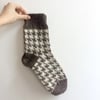 READY TO SHIP knitted houndstooth unisex winter socks brown white wool