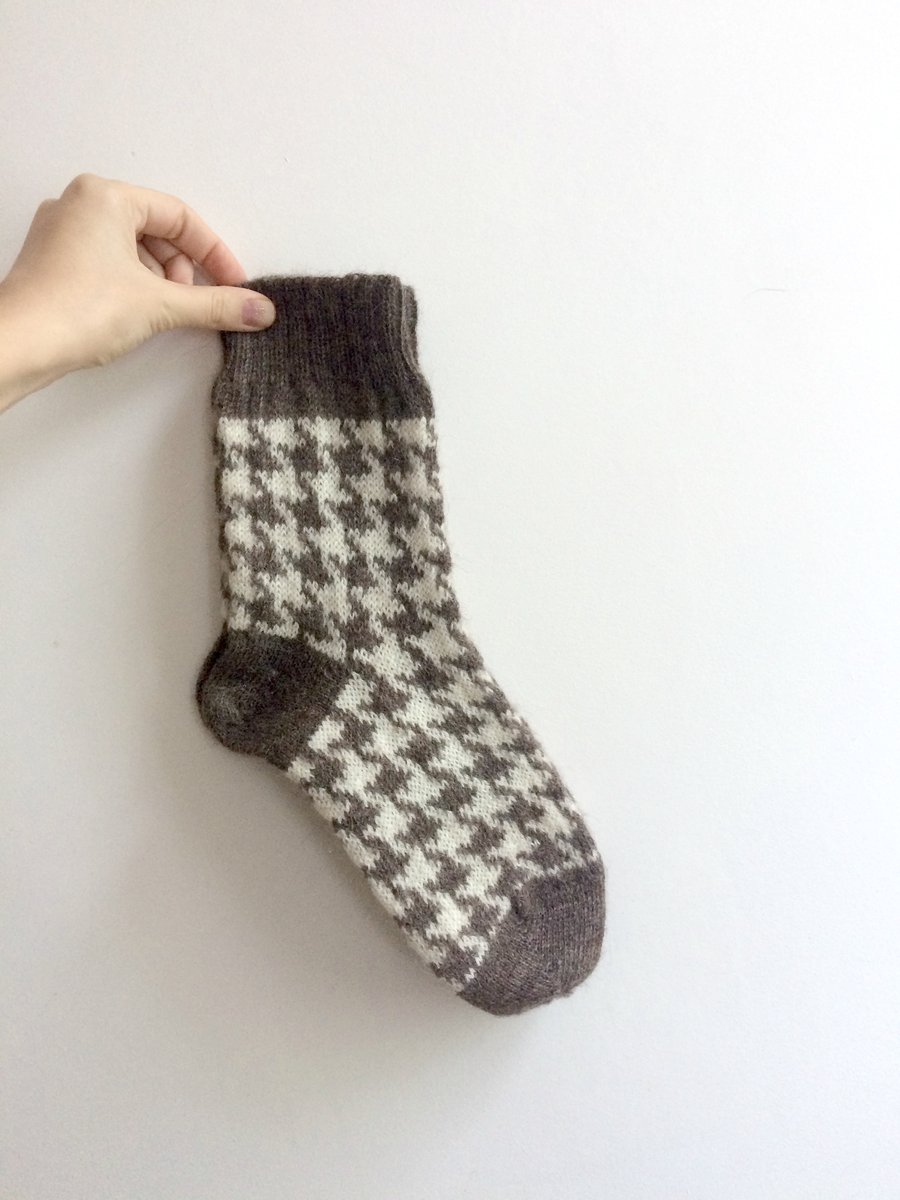 READY TO SHIP knitted houndstooth unisex winter socks brown white wool