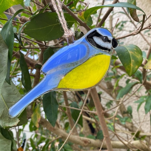 Fused Glass Birds, BLUE TIT bird lover gift, British bird, hanging bird