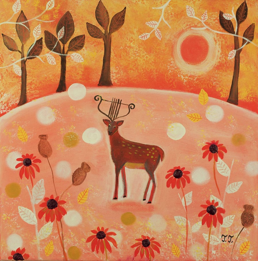 Deer Painting, Autumn Naive Artwork, Fantasy Painting, Orange Painting
