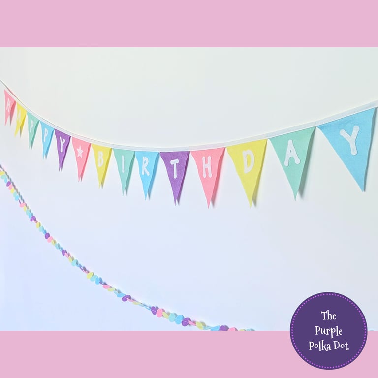 Pastel happy birthday rainbow bunting handmade from wool blend felt