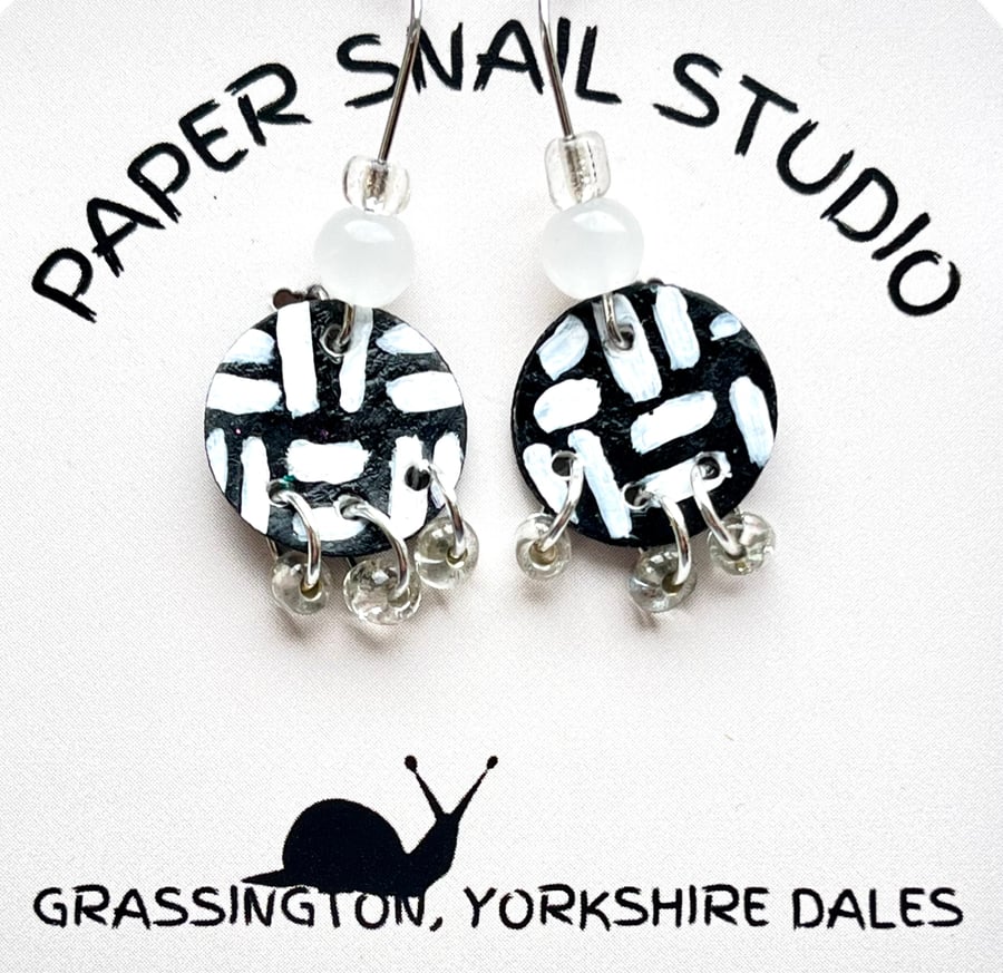 Circular, 15mm in diameter, Hand-painted Paper Earrings with Attached Beads