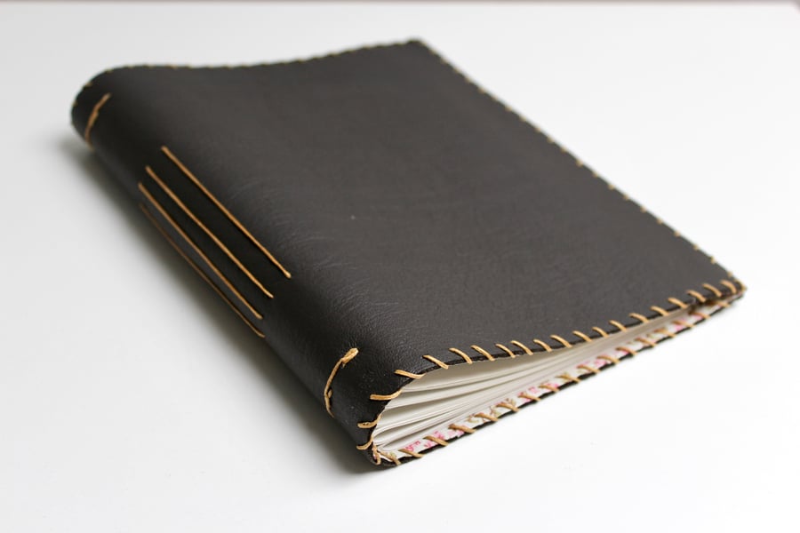 A5 Handmade Brown Leather Notebook recycled paper floral fabric lining 