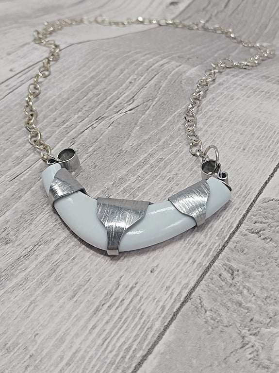 Aluminium and Pre-loved Jewellery Necklace, Upcycled Bangles Silver & White