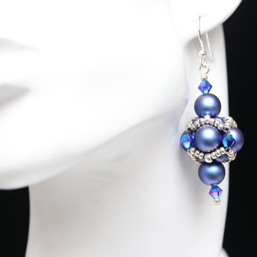 Blue Pearl and Crystal Beaded Bead Earrings