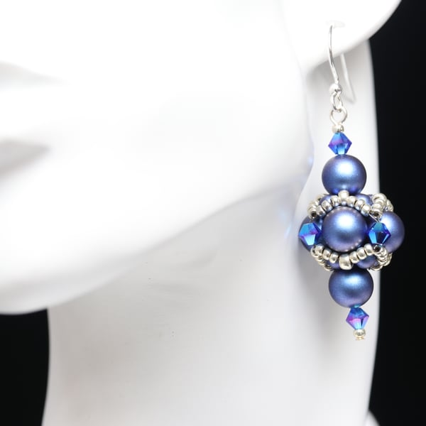Blue Swarovski Pearl and Crystal Beaded Bead Earrings