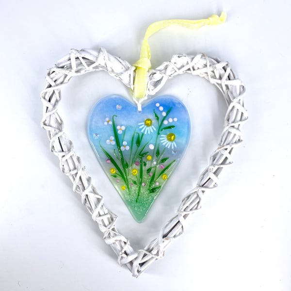 Glass Heart with Delicate Pink & Yellow Flowers in Wicker Heart on Ribbon