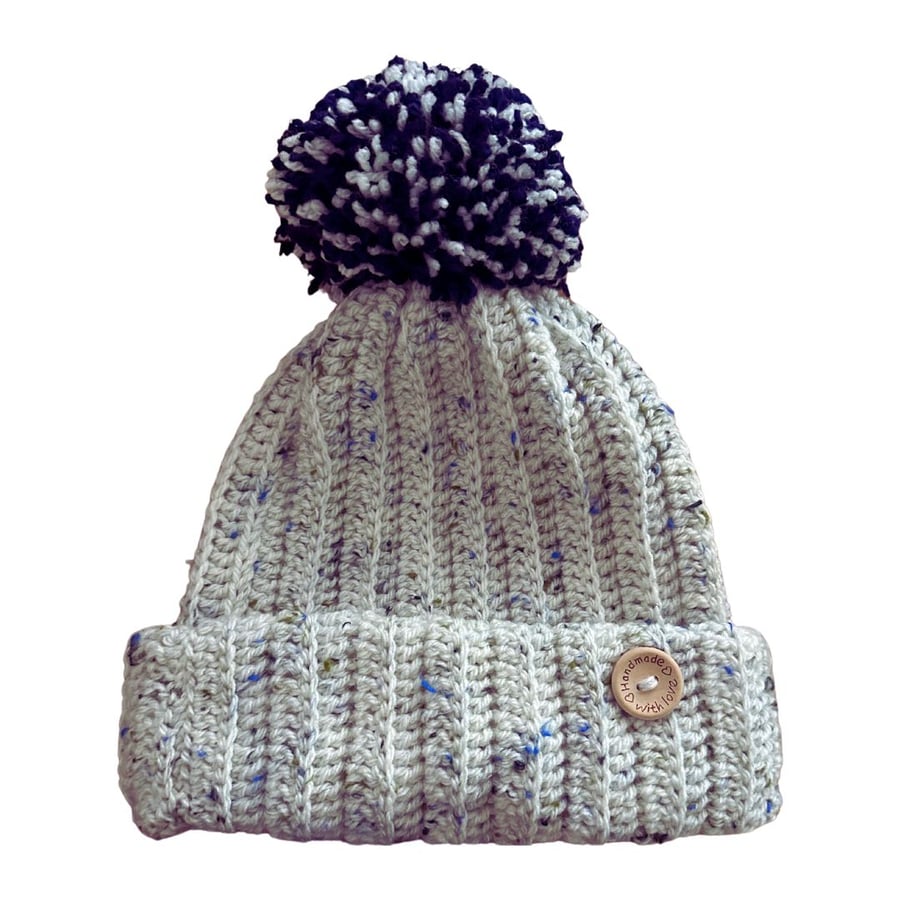 Multi Cream Blue and Green Fleck Aran Wool Hat with Wool Bobble Pom Pom