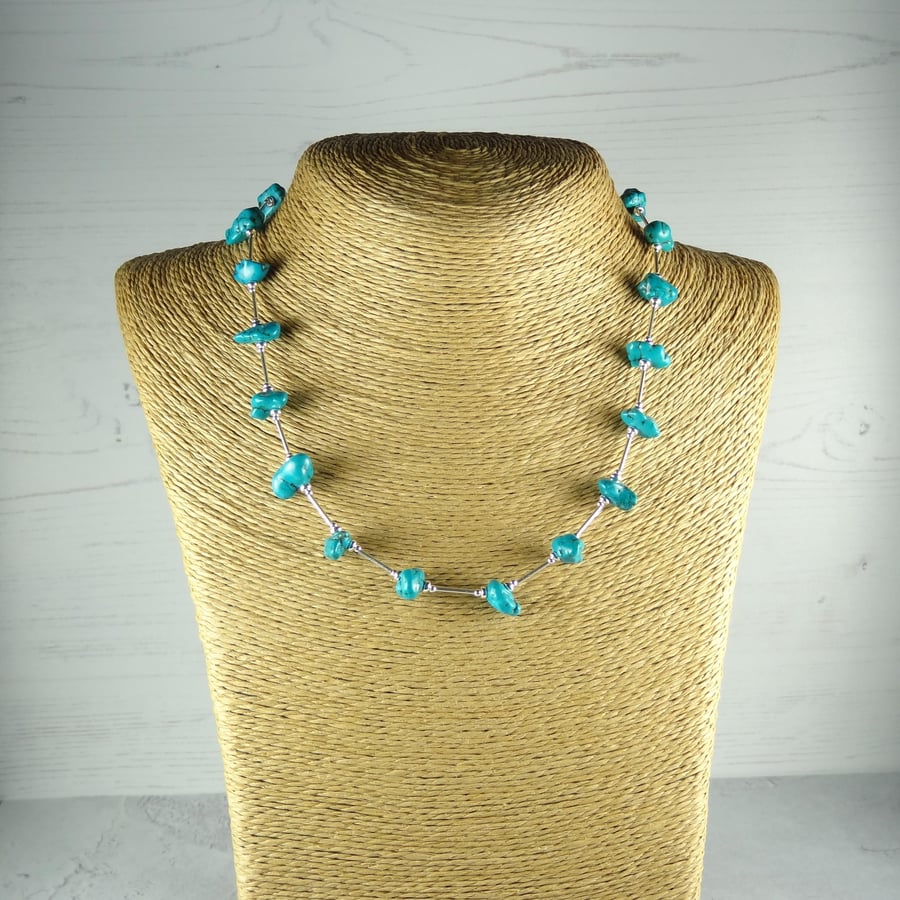 Turquoise natural stone nugget beaded necklace, sterling silver, 18 inches