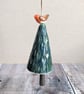 One ceramic Christmas tree dangly decoration with mini robin, carved detail