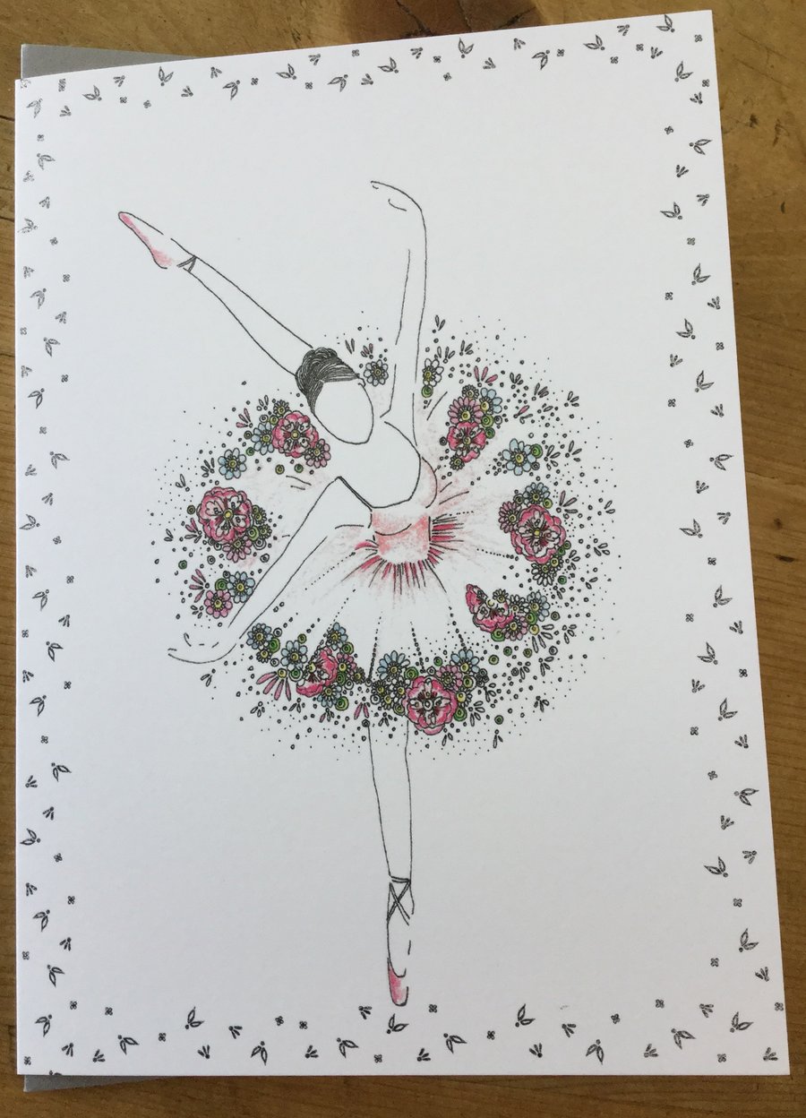 Pink Ballerina with silver detail and silver envelope 5 x7