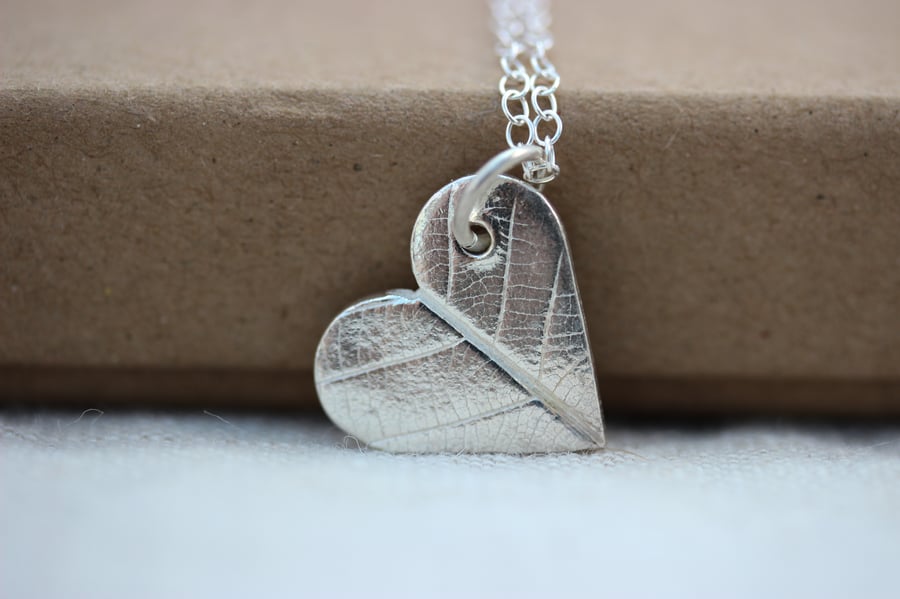 Recycled Silver Heart  Pendant With Leaf Pattern, Valentine's Day gift for her 