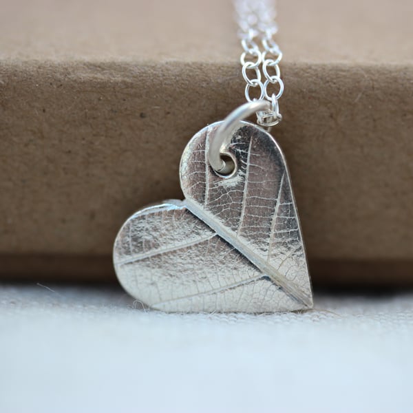 Recycled Silver Heart  Pendant With Leaf Pattern, Valentine's Day gift for her 