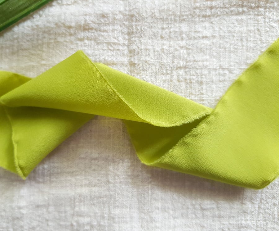 Olive green 100% silk crepe de chine ribbon with raw edge