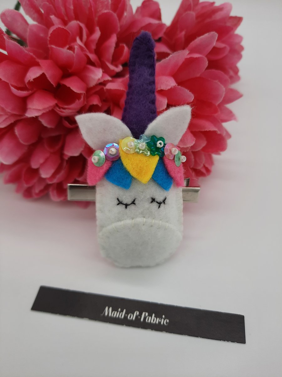 Unicorn hair slide clip with purple horn. SALE 
