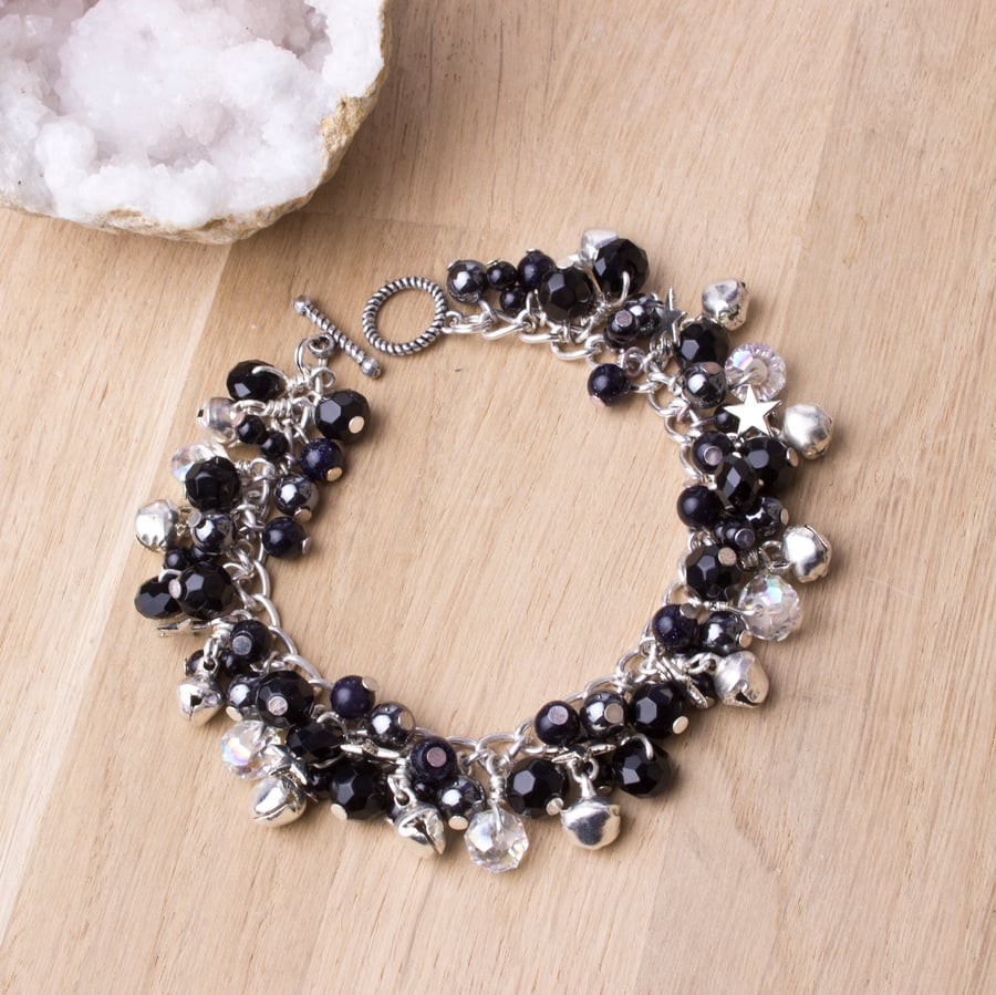 Gemstone Charm bracelet - Stars and jingle bells black bead charm bracelet