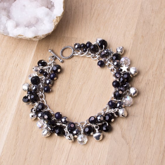  Gemstone Charm bracelet - Stars and jingle bells black bead charm bracelet