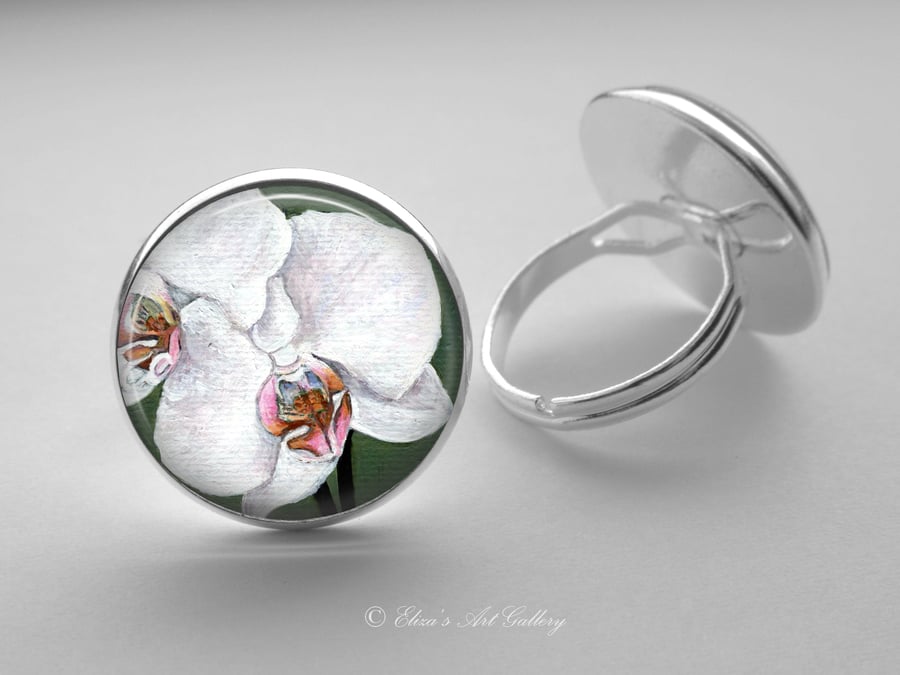 Silver Plated Orchid Flower Art Glass Cabochon Ring