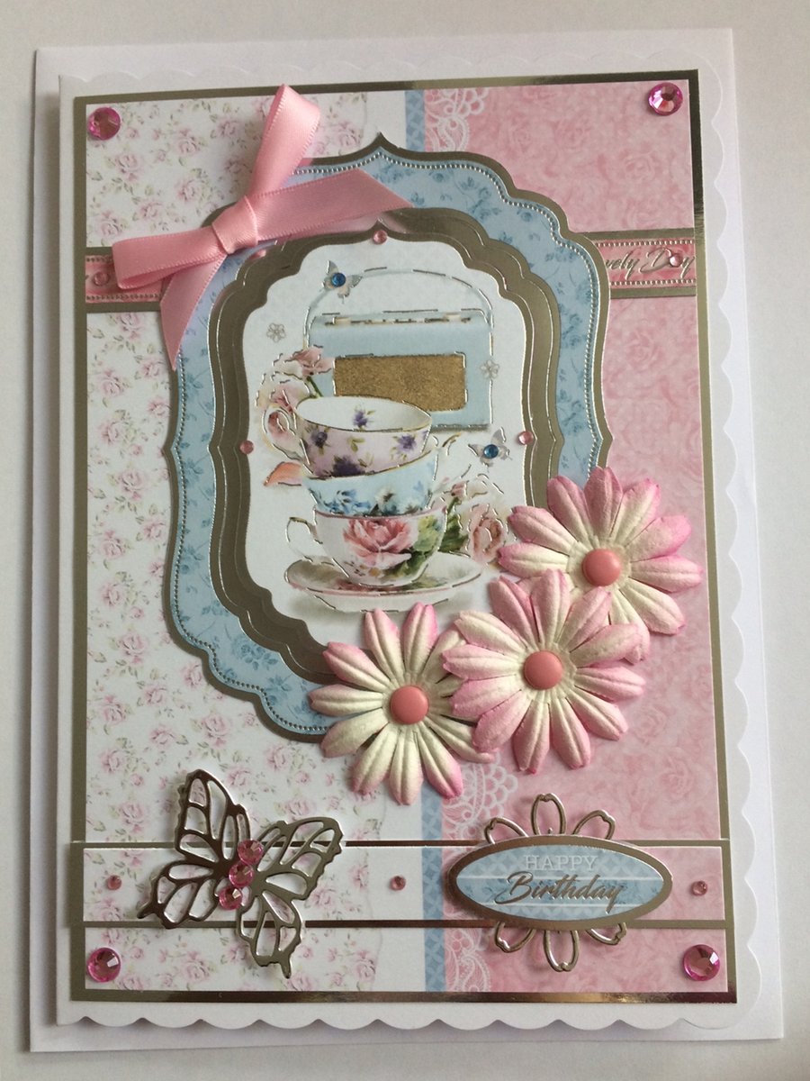 Happy Birthday Card Cup of Tea Vintage Radio Bone China 3D Luxury Handmade Card