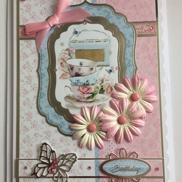 Happy Birthday Card Cup of Tea Vintage Radio Bone China 3D Luxury Handmade Card