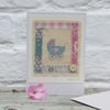 Little pram embroidery on card to welcome a new baby girl