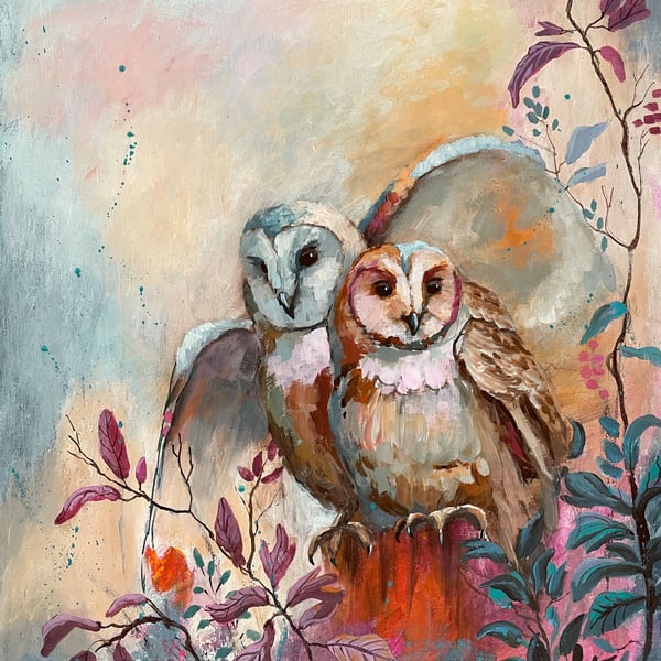 Original owl oil,acrylic painting on canvas board.
