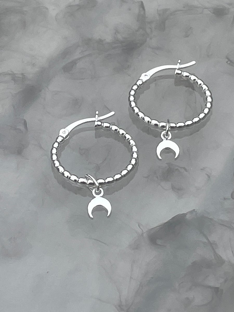 Silver Hoops with Crescent Moon