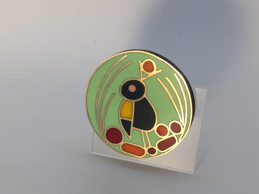 Bower bird in his nest brooch pin.Handmade in metal filled with resin.HALF PRICE