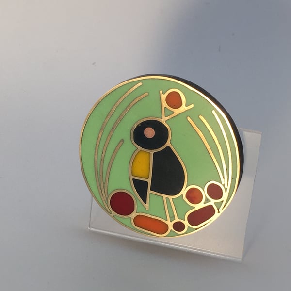 Bower bird in his nest brooch pin.Handmade in metal filled with resin.HALF PRICE