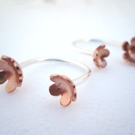 Silver Copper Flower Adjustable Open Ring - (made by artist maker) open ring