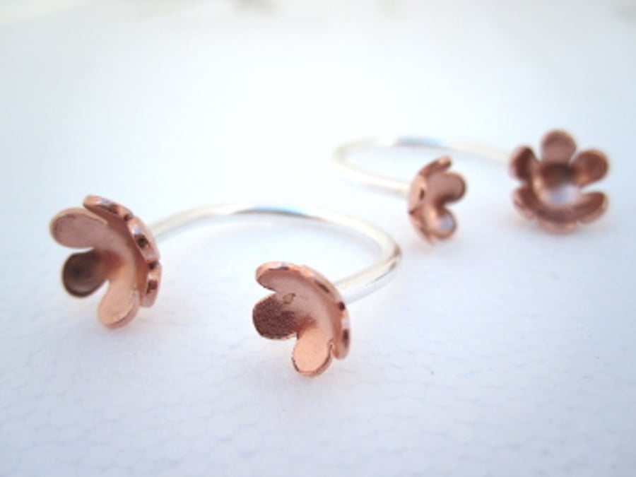 Silver Copper Flower Adjustable Open Ring - (made by artist maker) open ring