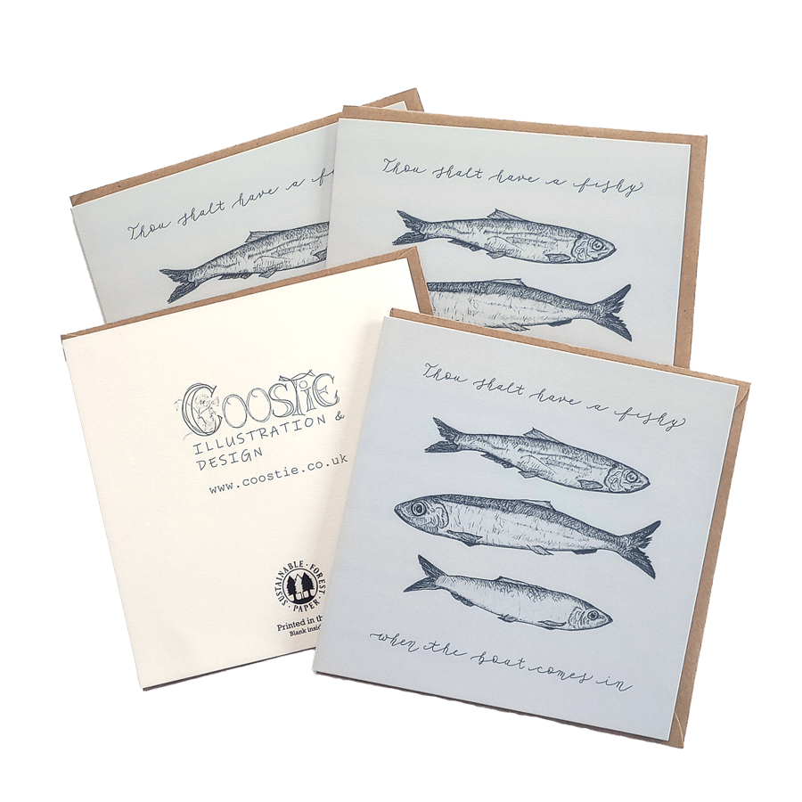 Fishy Dishy Herring Illustration Set of x4 Cards & Envelopes